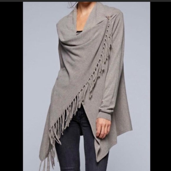 lovestitch Sweaters - WINTER SALE Lovestitch Tan Asymmetrical Sweater Poncho Fringe